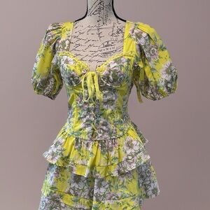 Olivaceous Yellow Floral Tiered Mini Dress NWT Sz S